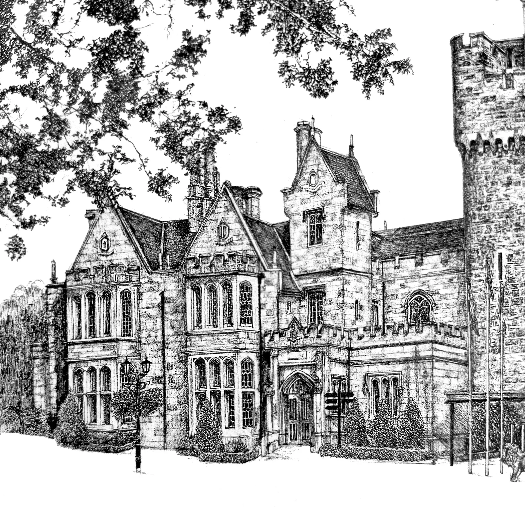 Intricate black ink drawing of Clontarf Castle with its stone tower, turrets and surrounding trees