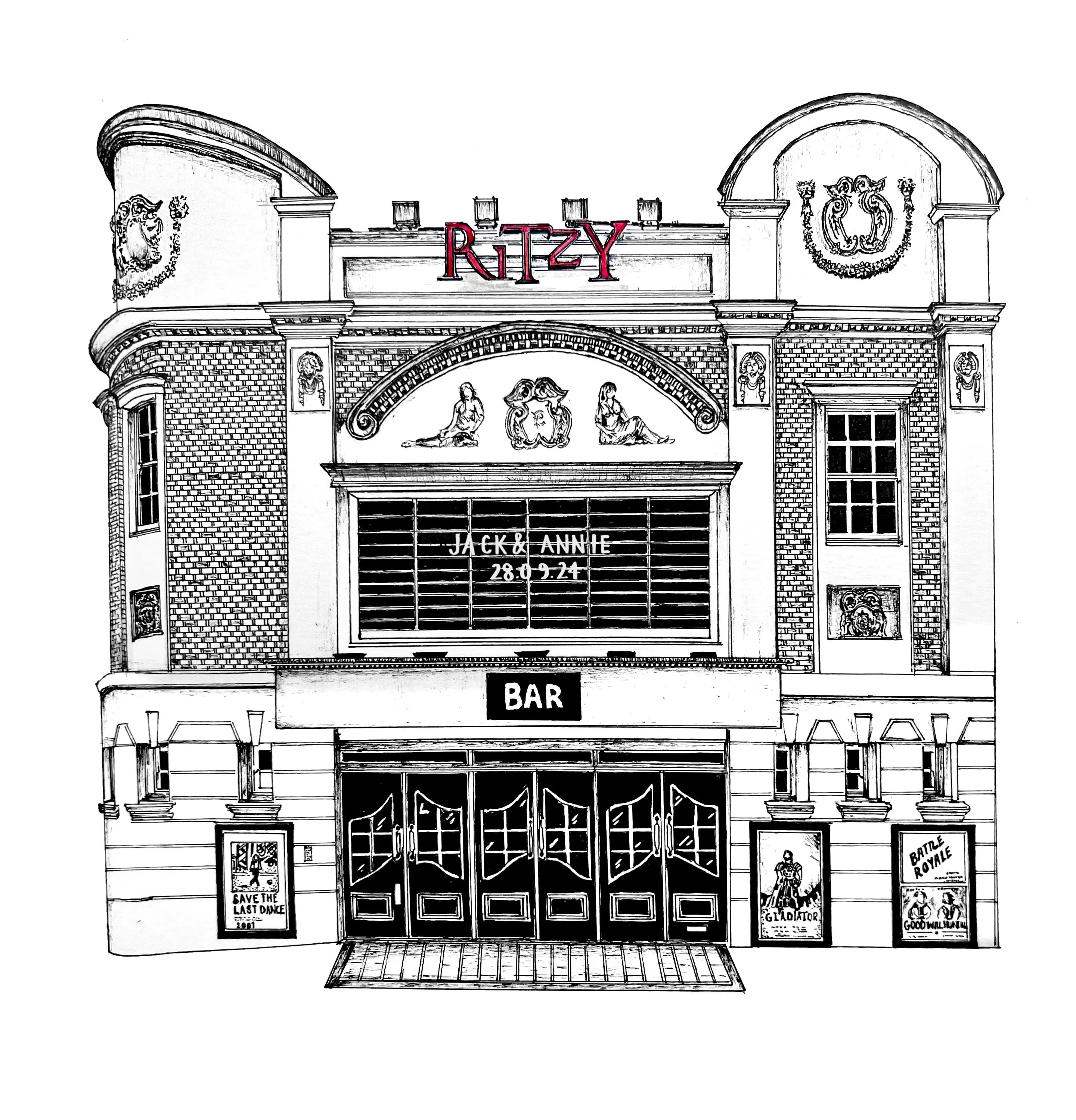 Black ink drawing of the ornate front of the Ritzy cinema in Brixton, with a red Ritzy sign