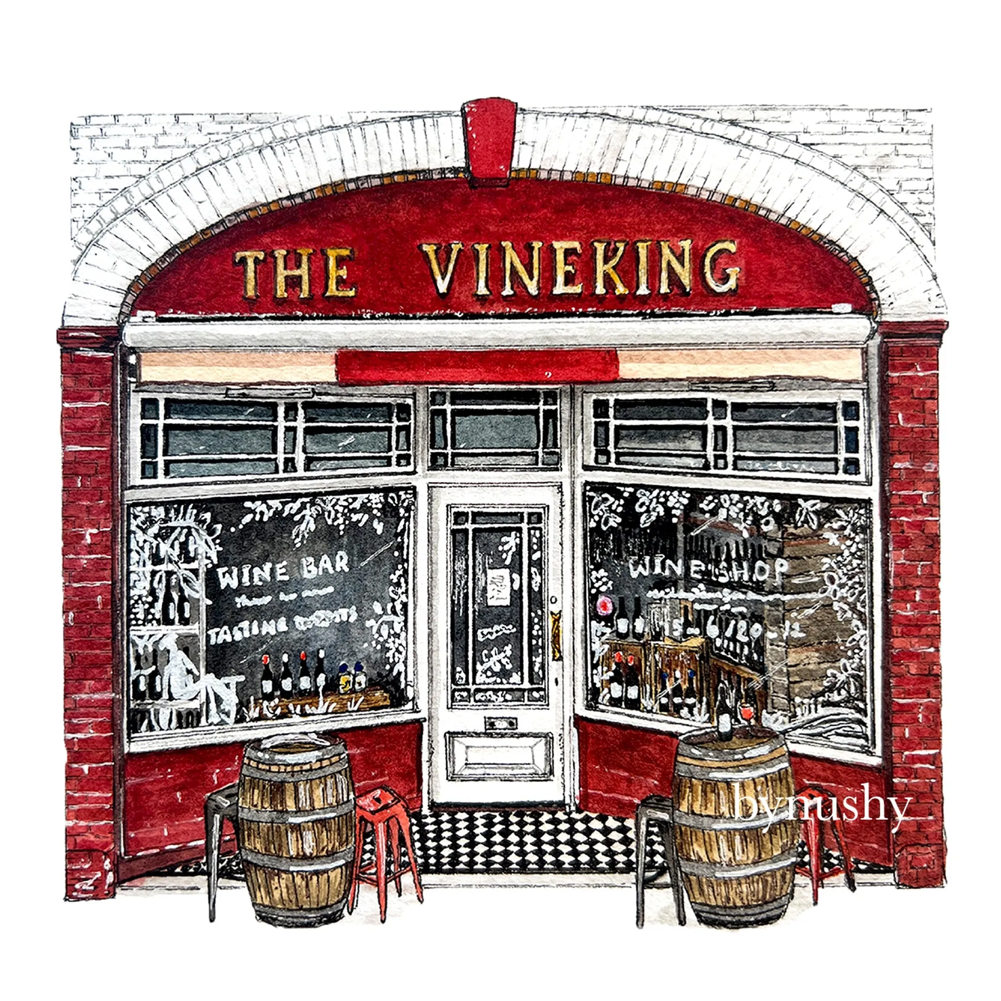 Ink and watercolour drawing of the red shop front of The Vine King wine bar, with wine barrels outside
